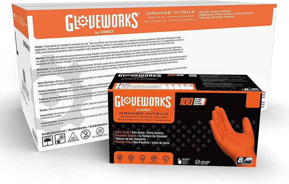 GLOVEWORKS HD Orange Nitrile Industrial Disposable Gloves, 8 Mil, Latex-Free, Raised Diamond Texture, X-Large, Box of 100