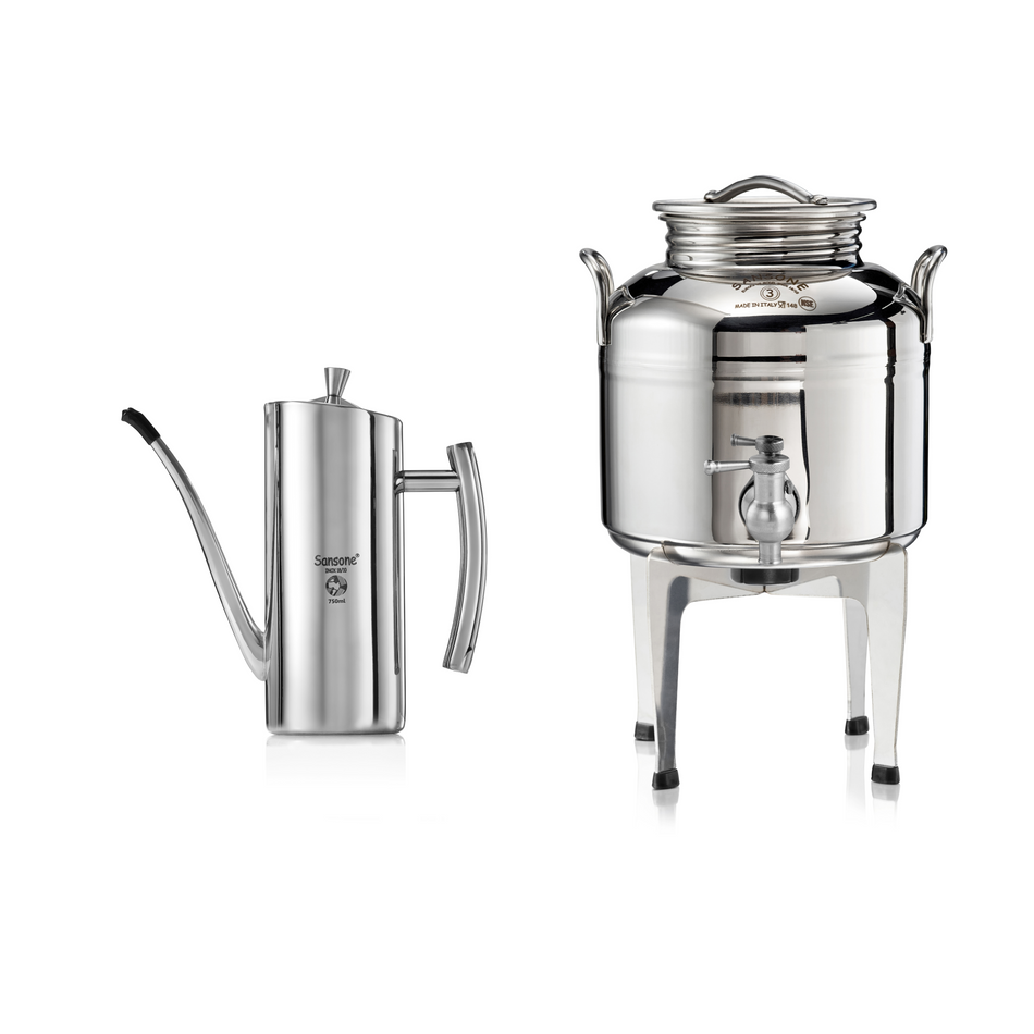 Sansone Olive Oil Drum with Dispenser Canister - 3 Liters + Stainless Steel Cruet