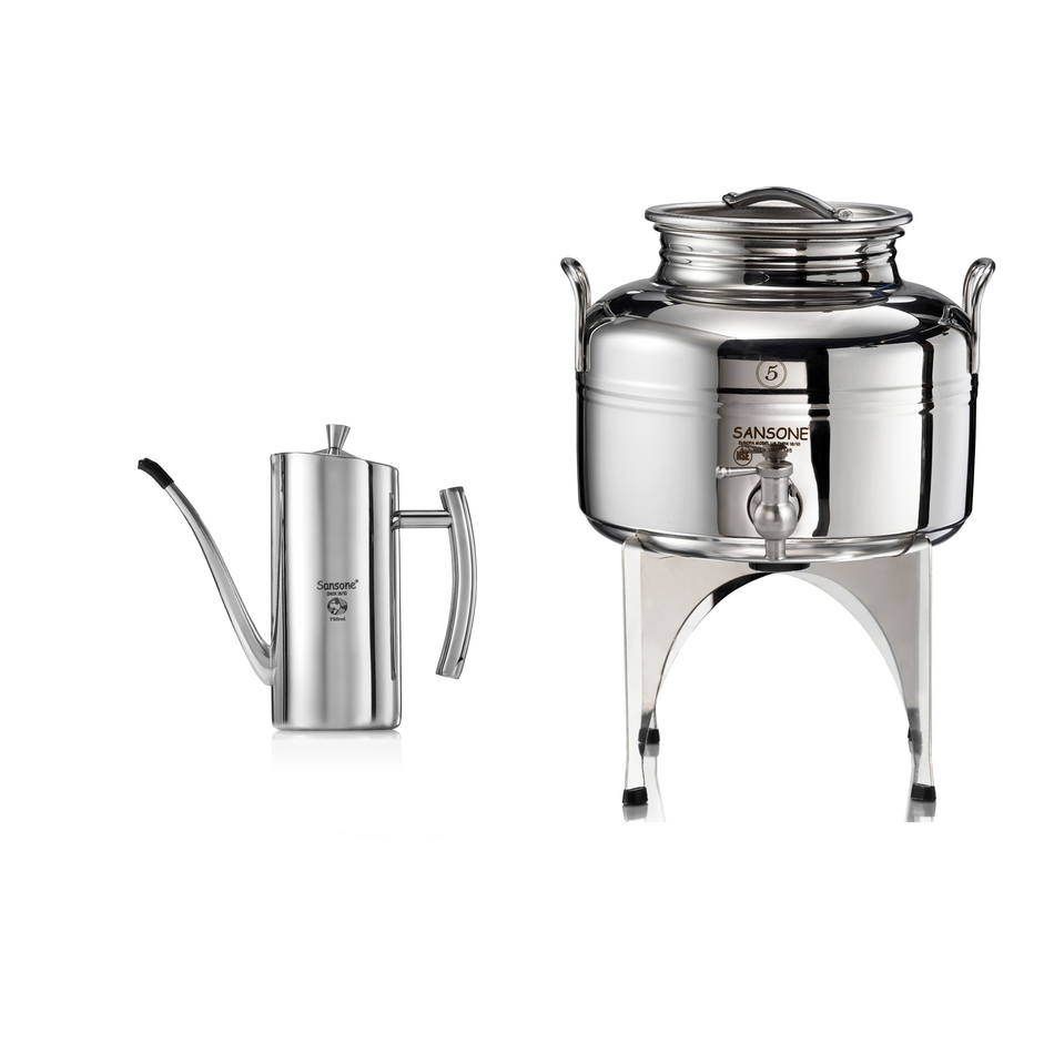 Sansone Olive Oil Drum with Dispenser Canister - 5 Liters + Stainless Steel Cruet