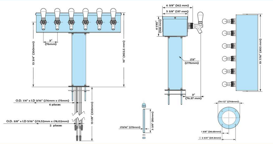 6-Faucet T-Tower with Glycol Cooling: Stainless Steel with Chrome Faucets