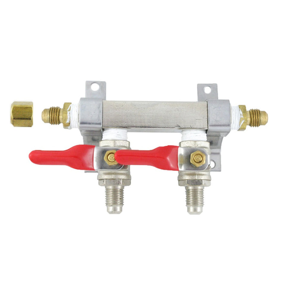 Brass Air Dist 2-Out 1/4inMfl-Shutoff With Chk